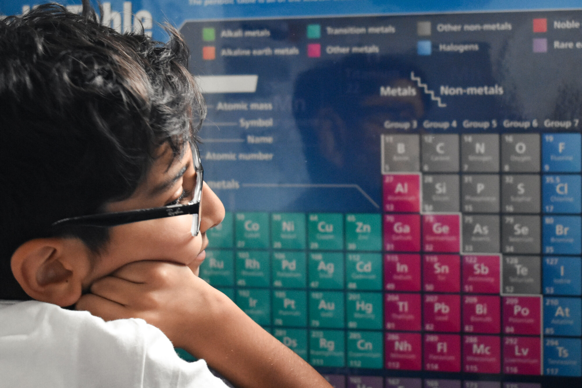 Umar telling Imani about the periodic table he hung on his bedroom wall