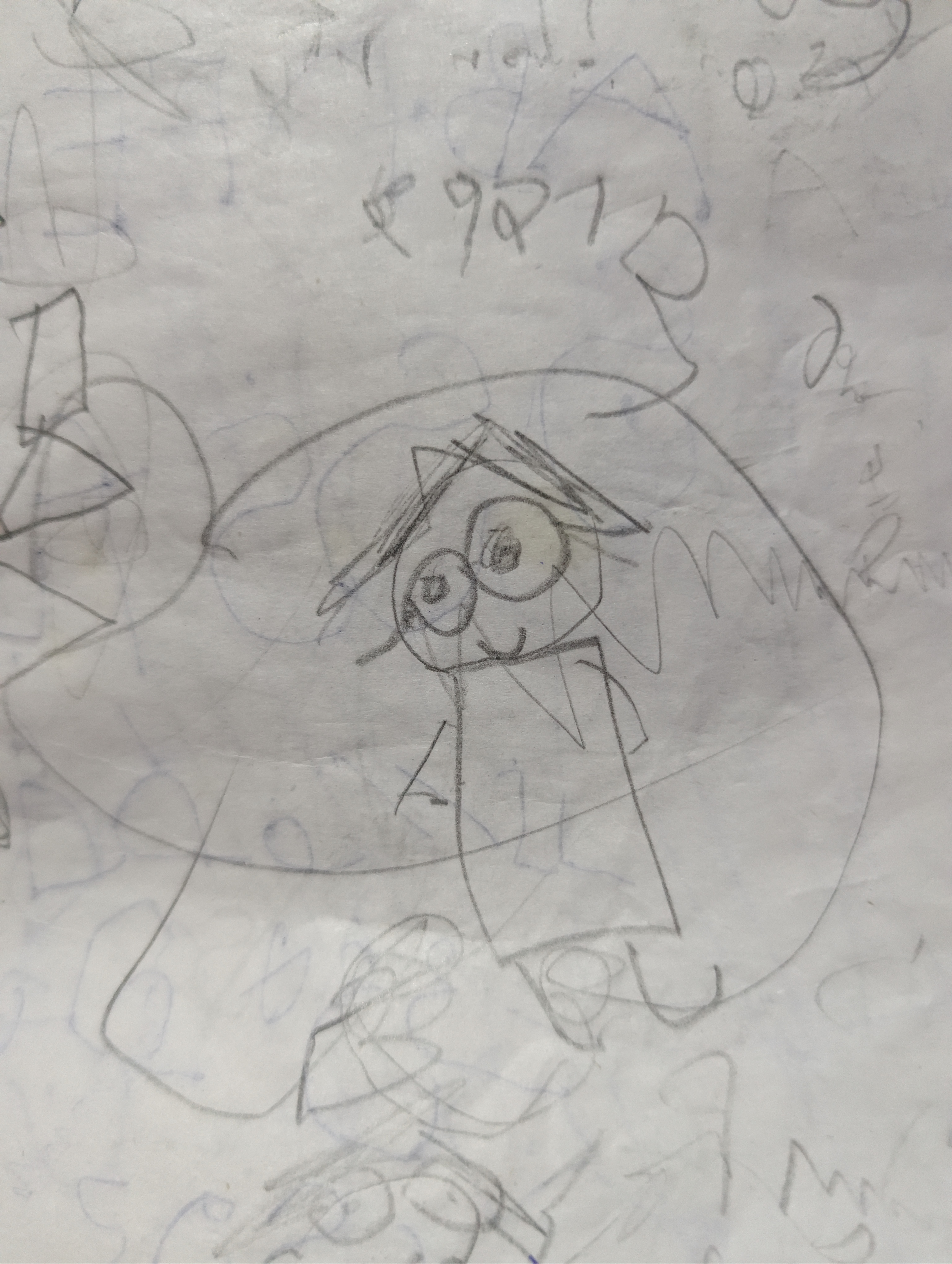 A round face with large glasses and a gentle loving smile, drawn with soft pencil strokes, this was the first smile Lia ever drew in her therapy sessions, after weeks of drawing monsters and dark figures this's when her therapist knew something has shifted. A child finding her way back home.