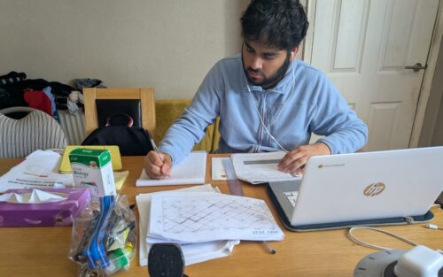 Satveer revising for A-level biology. Despite getting into his first-choice university he chose to resit his exams feeling that he could have done better