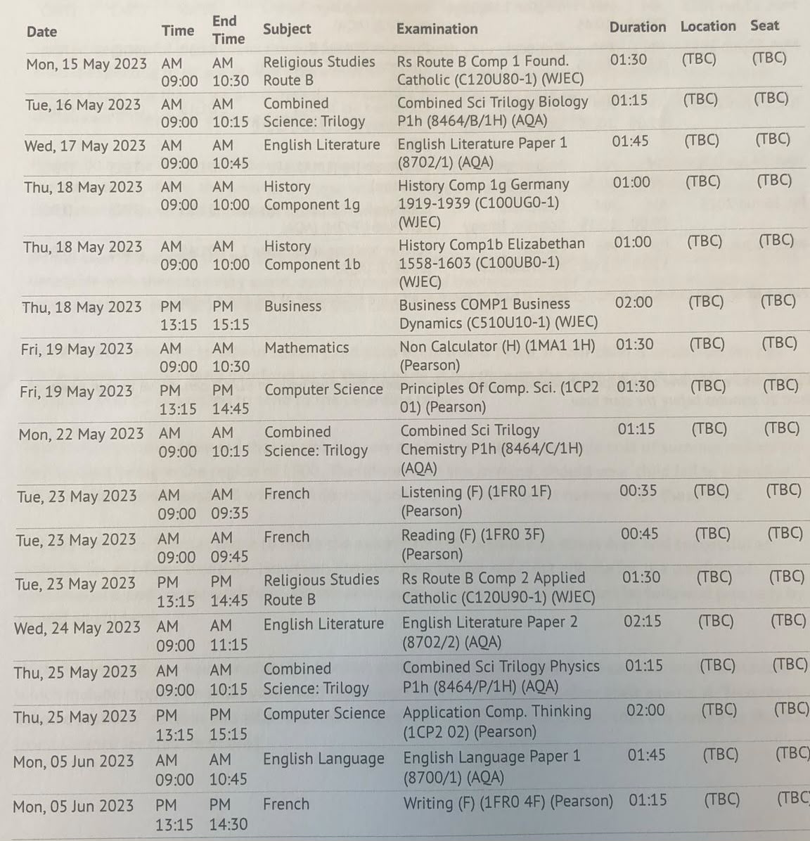 Satveer’s GCSE timetable shows extensive exams; the list covers both sides of the page